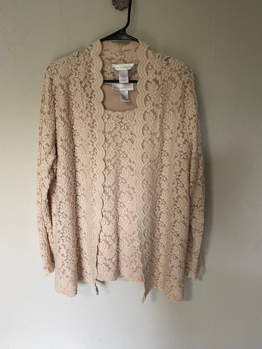 Susan Graver Beige Lace Twin Set Open Front Cardigan Lace Tank Large Boho